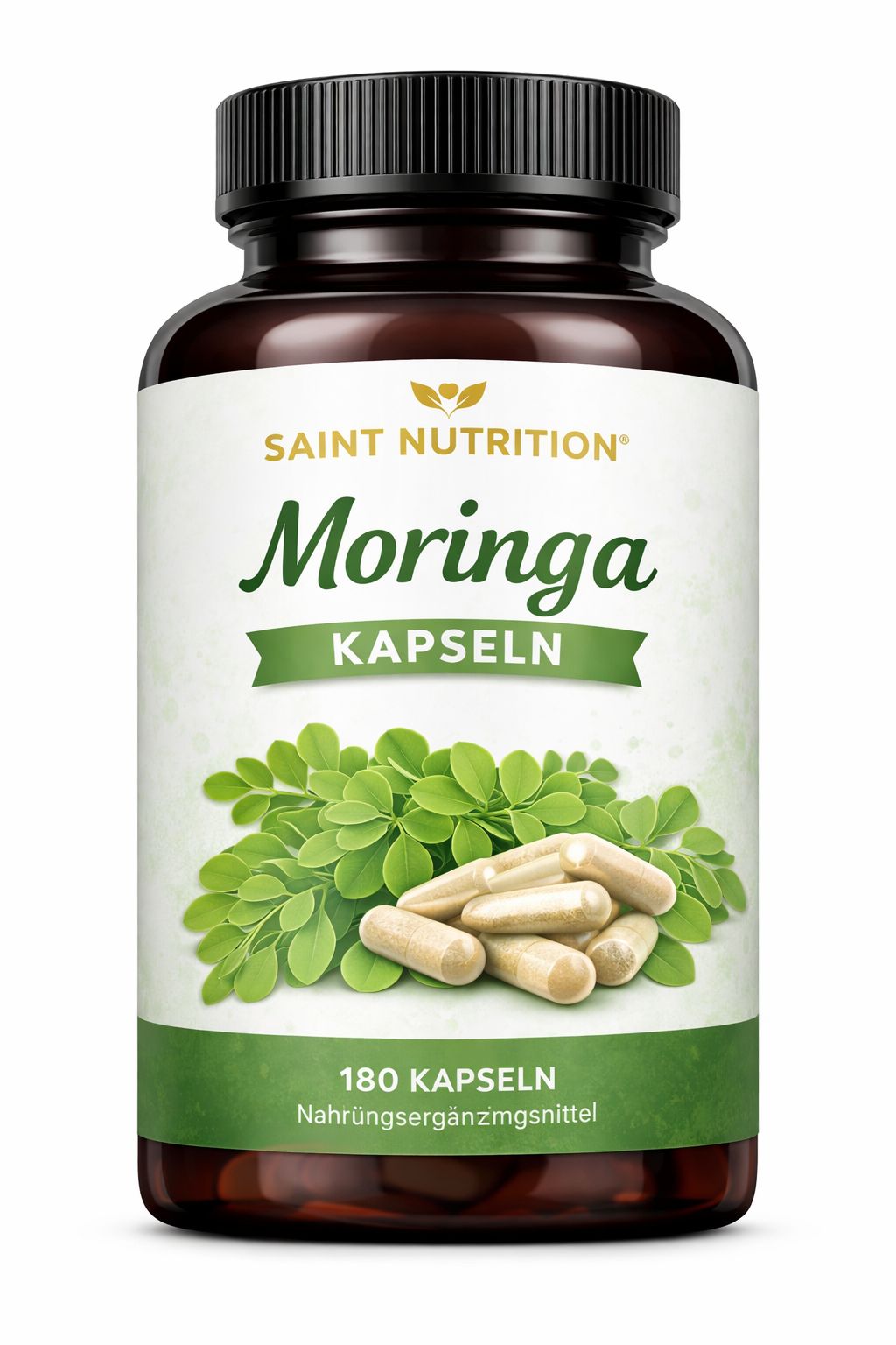 Braune Flasche mit schwarzen Deckel. Aufschrift: Saint Nutrition Moringa Kapseln. 180 Kapseln. Abbildung von Kapseln und Blättern.