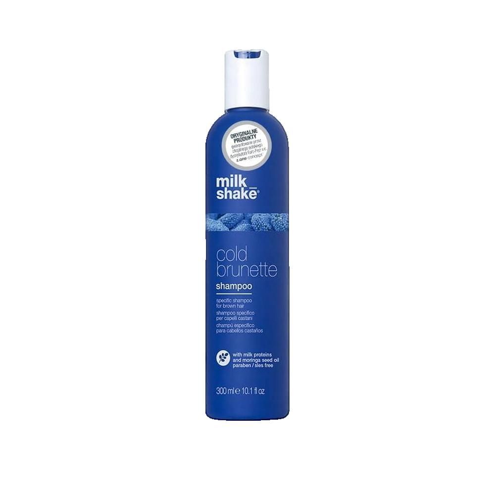 Dunkelblaue Shampoo-Flasche mit weißem Deckel. Aufschrift: Milk Shake, Cold Brunette Shampoo. 300ml. Mit Qualitätszeichen.