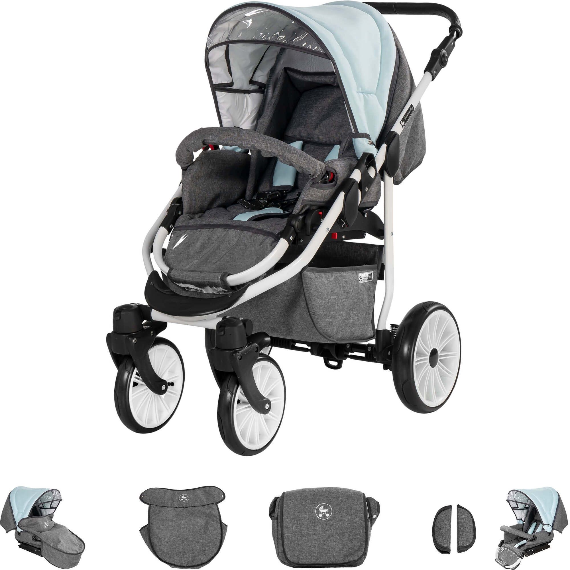 Friedrich Hugo Berlin 3 in 1 Kinderwagen Set GEL Reifen, Grey and Light Blue Day