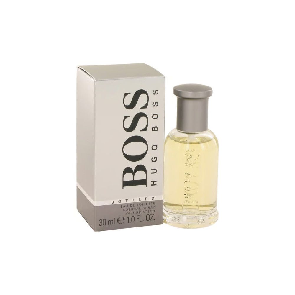 Flakon und Verpackung von Boss Bottled Eau de Toilette. Flakon mit silbernem Verschluss. Verpackung mit Logo und Produktbezeichnung.