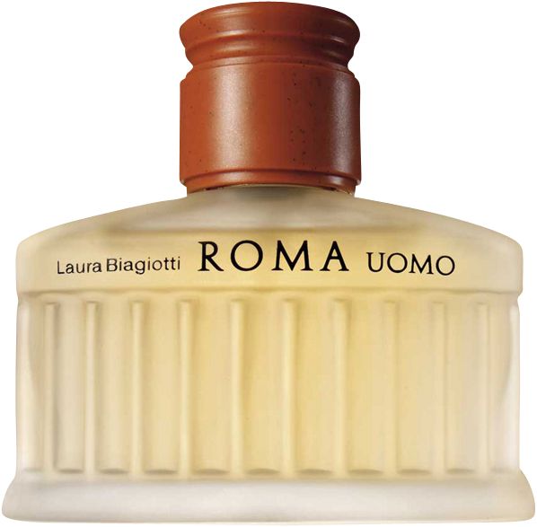Laura Biagiotti Roma Uomo Eau de Toilette Flakon mit braunem Verschluss.
