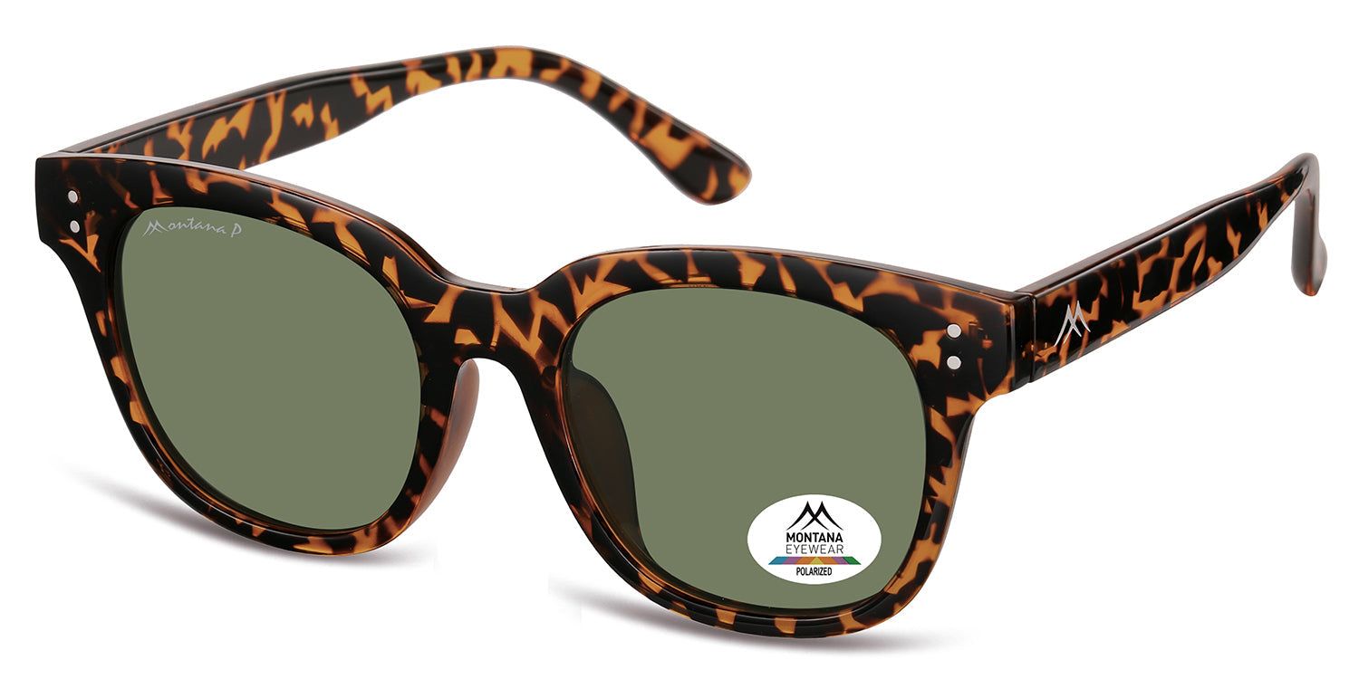 Sonnenbrille mit braunem Schildpattmuster. Grüne Gläser. Montana Eyewear Logo und Polarized-Aufkleber.
