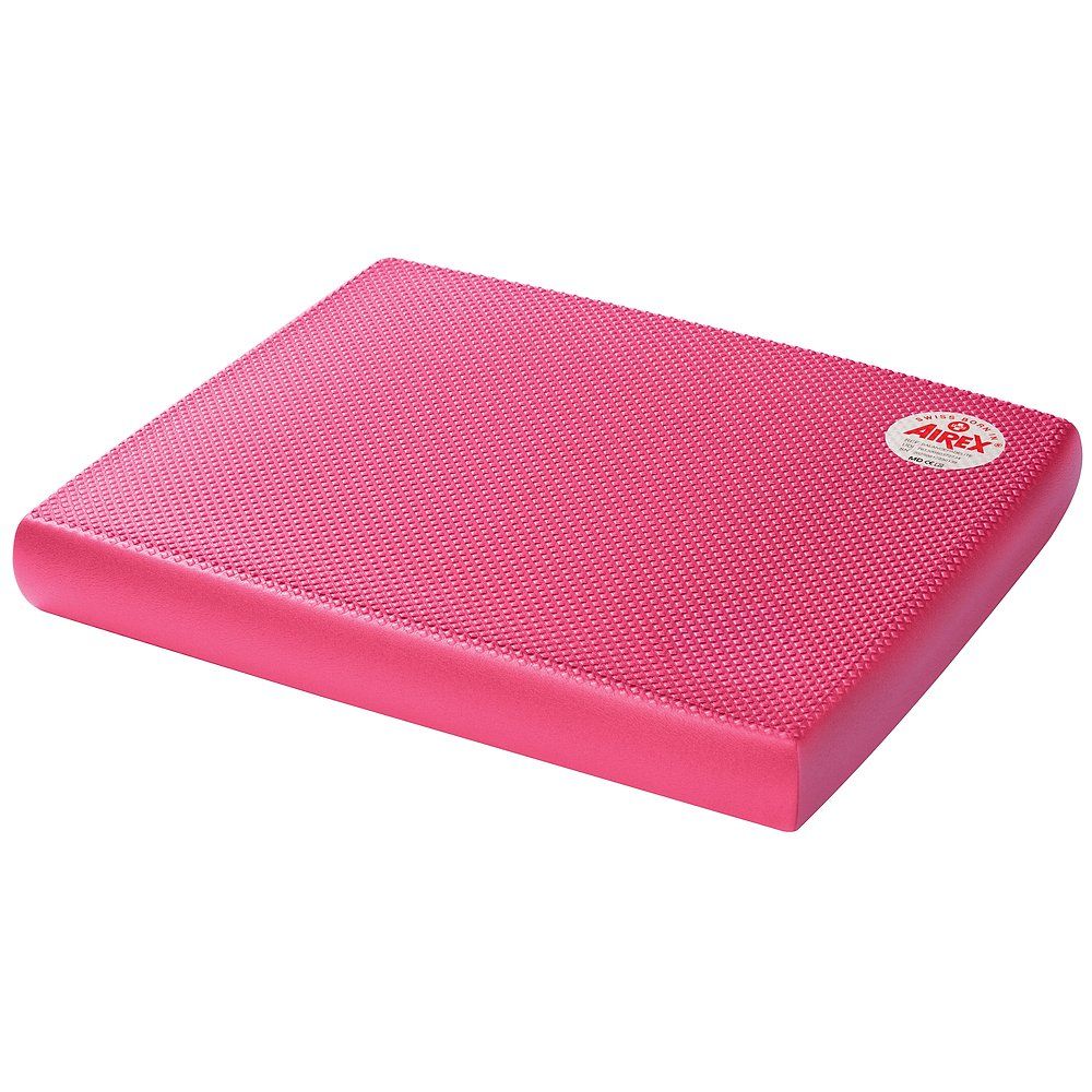 Rosa Balance-Pad Elite. Schrägansicht. Rechteckig, strukturiert, abgerundete Kanten. Airex-Logo.