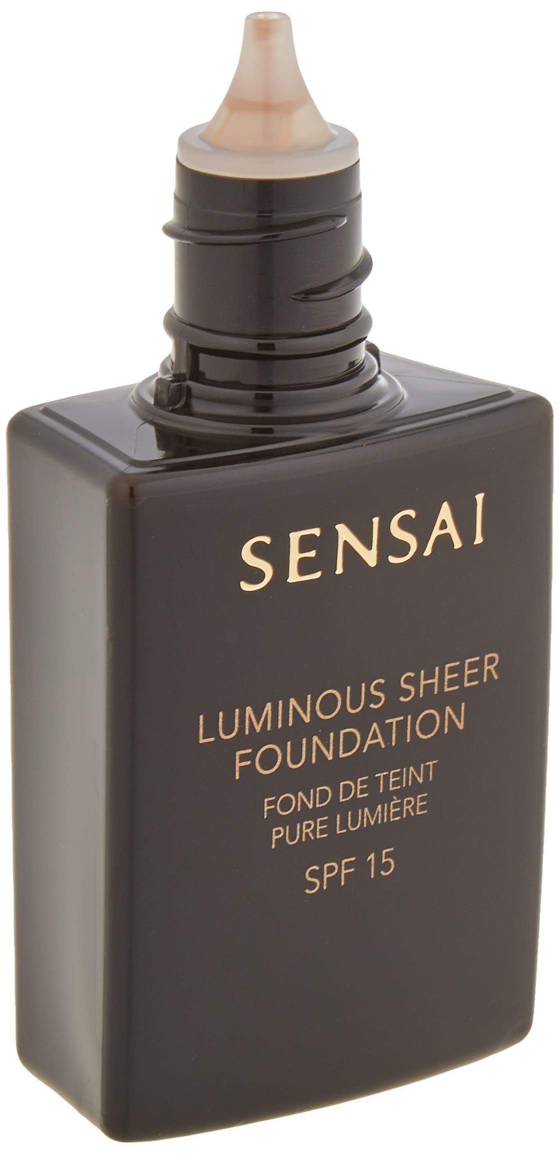 SENSAI Foundation-Flakon, braun, mit Dosieröffnung. Goldfarbener Schriftzug: SENSAI, Luminous Sheer Foundation, SPF 15.