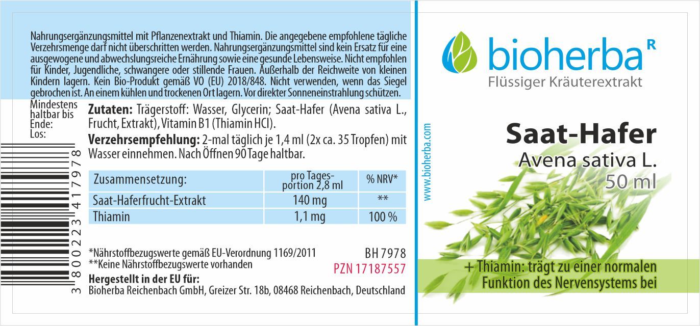 Saat-Hafer Avena sativa L. Tropfen Tinktur 50 ml PZN 17187557