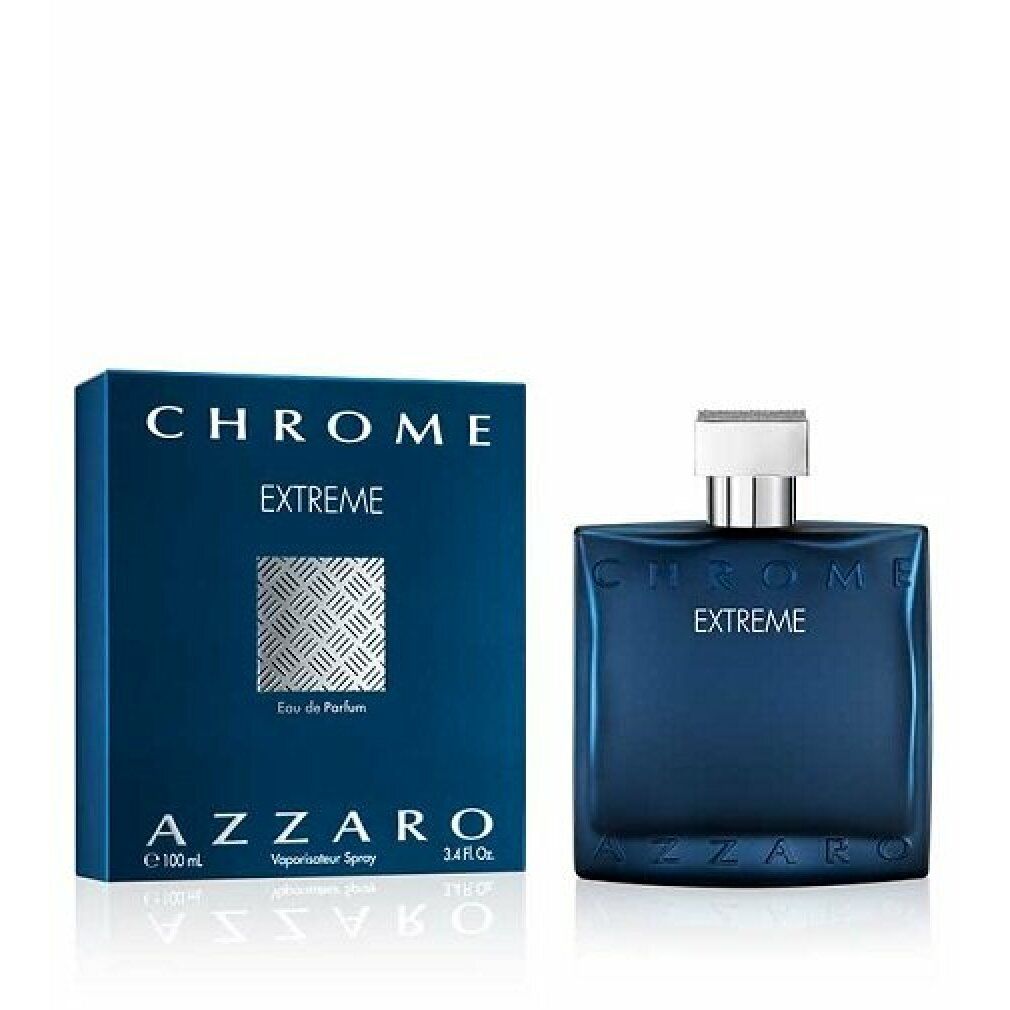 Blaues Parfümflakon und Schachtel. Flakon mit silbernem Verschluss. Aufschrift: Chrome Extreme, Azzaro.