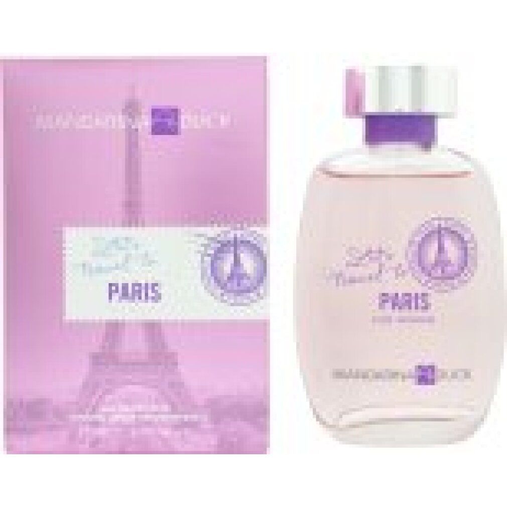 Rosa Flakon und Verpackung. Aufschrift "Lets Travel To Paris" und Eiffelturm. Marke: Mandarina Duck.