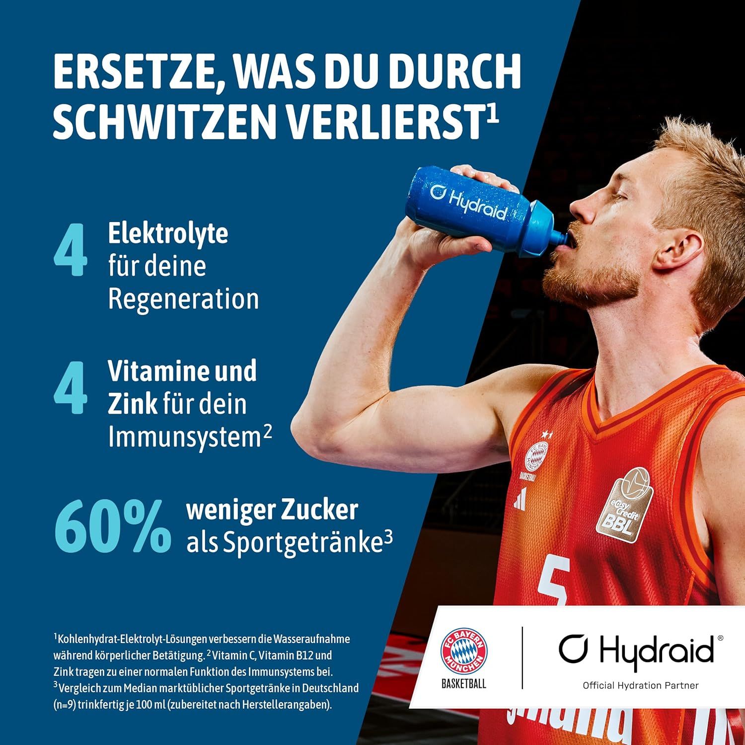 Mann trinkt aus einer blauen Flasche. Text: Ersetze, was du durch Schwitzen verlierst. 4 Elektrolyte, 4 Vitamine & Zink, 60% weniger Zucker.