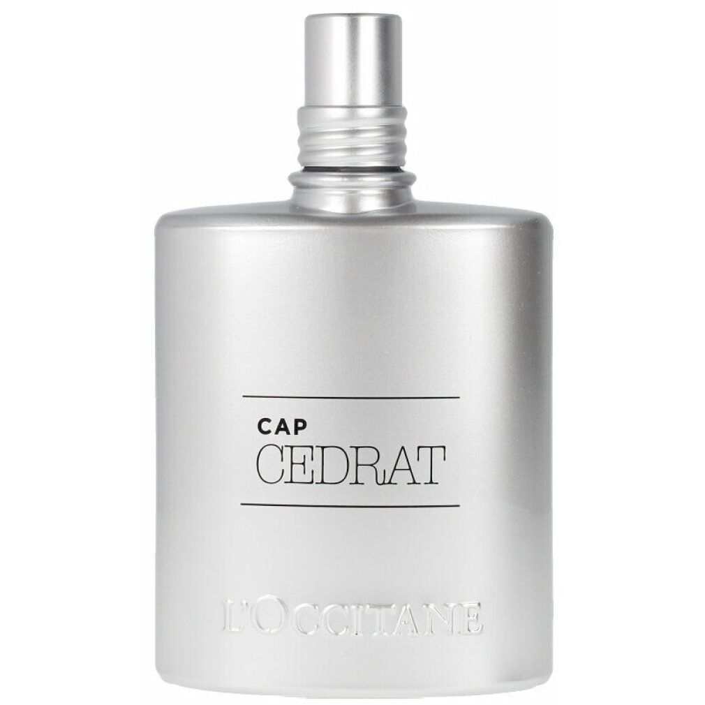 Silberfarbener Flakon mit Aufschrift CAP CEDRAT und L'Occitane. Zylindrischer Sprühkopf.