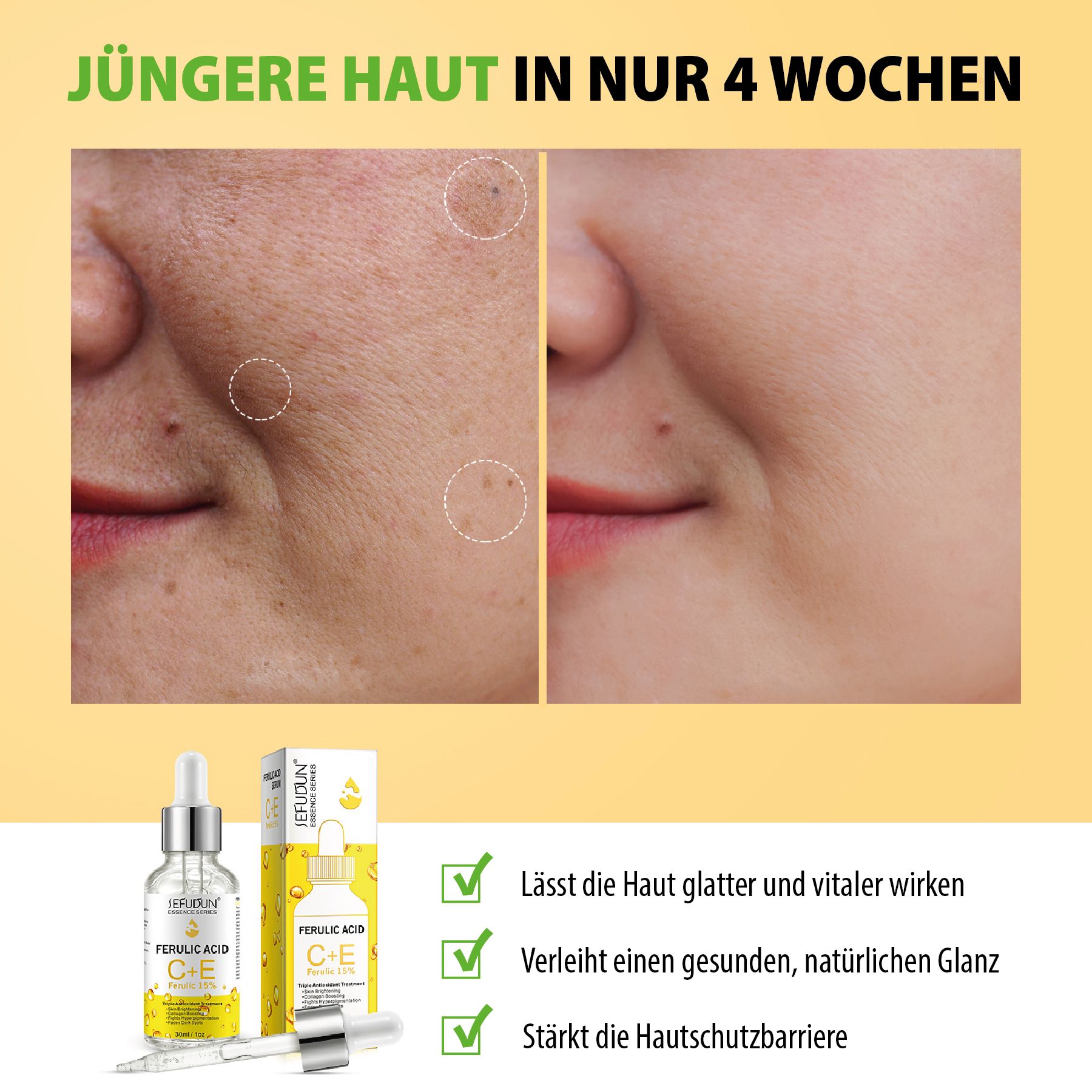 Vorher-Nachher-Vergleich. Serumflasche mit Pipette. Text: Ferulic Acid C+E. Gelber Hintergrund.