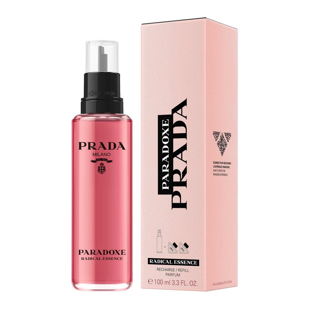 Rosa Flasche und Verpackung. Text: PRADA PARADOXE, RADICAL ESSENCE, RECHARGE/REFILL PARFUM.