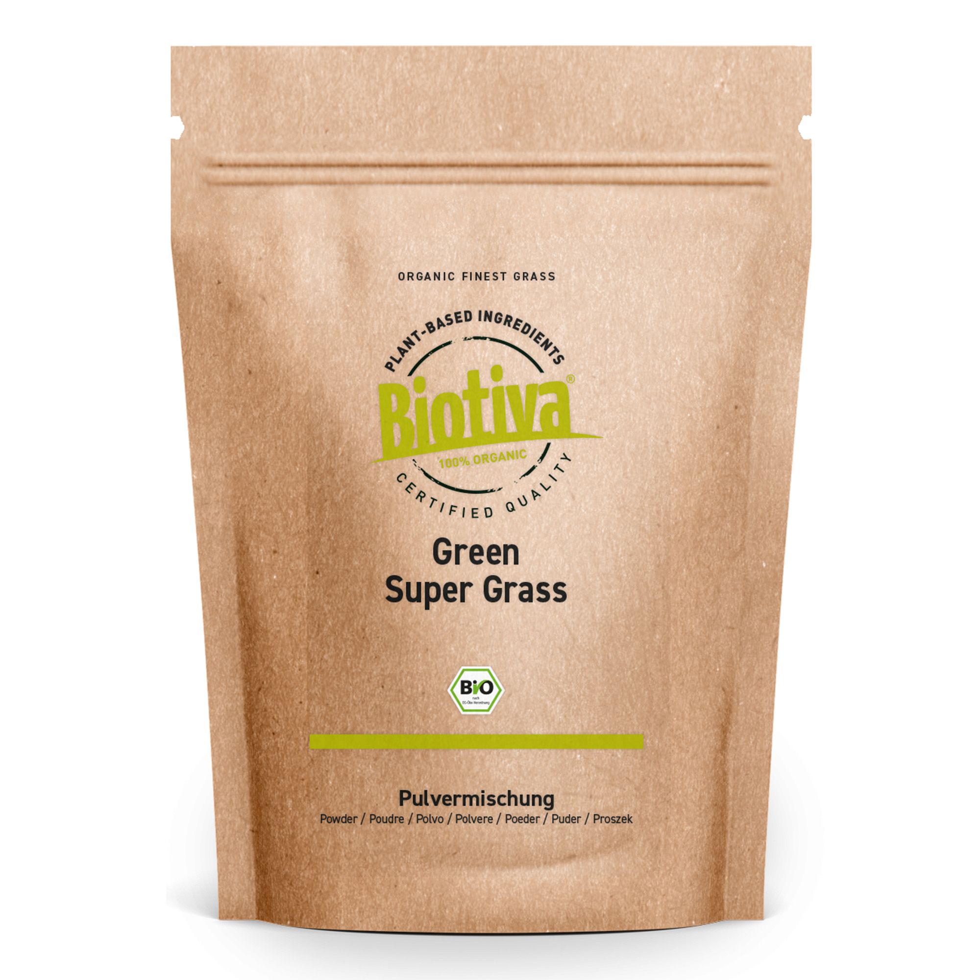 Braune Papierverpackung mit Biotiva-Logo und Produktbezeichnung Green Super Gras. Bio-Siegel. Pulvermischung. Text in Deutsch.