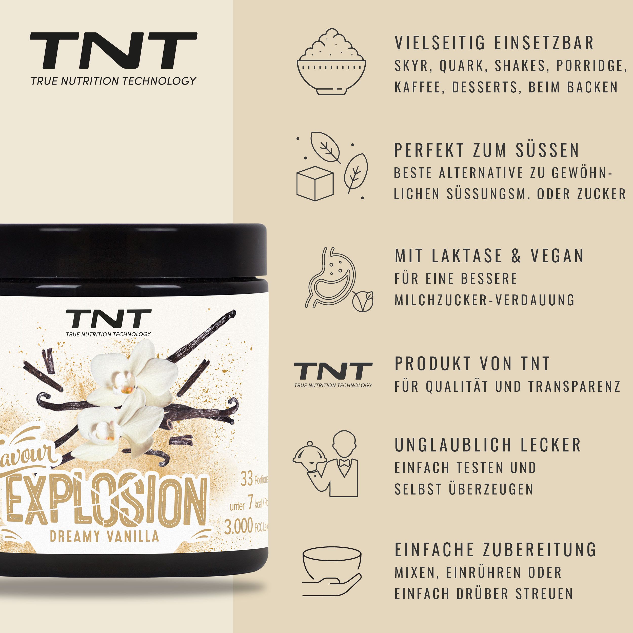 TNT Flavour Explosion, Dreamy Vanilla Dose neben Infografiken zu Verwendung und Eigenschaften.