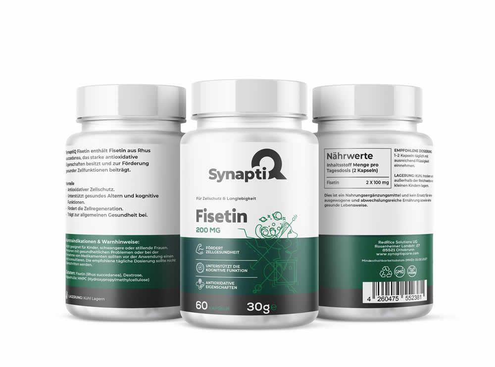 Drei weiße Fläschchen mit grünem Etikett. Aufschrift: SynaptiQ, Fisetin 200mg, 60 Kapseln, 30g. Grün-weiße Illustration.