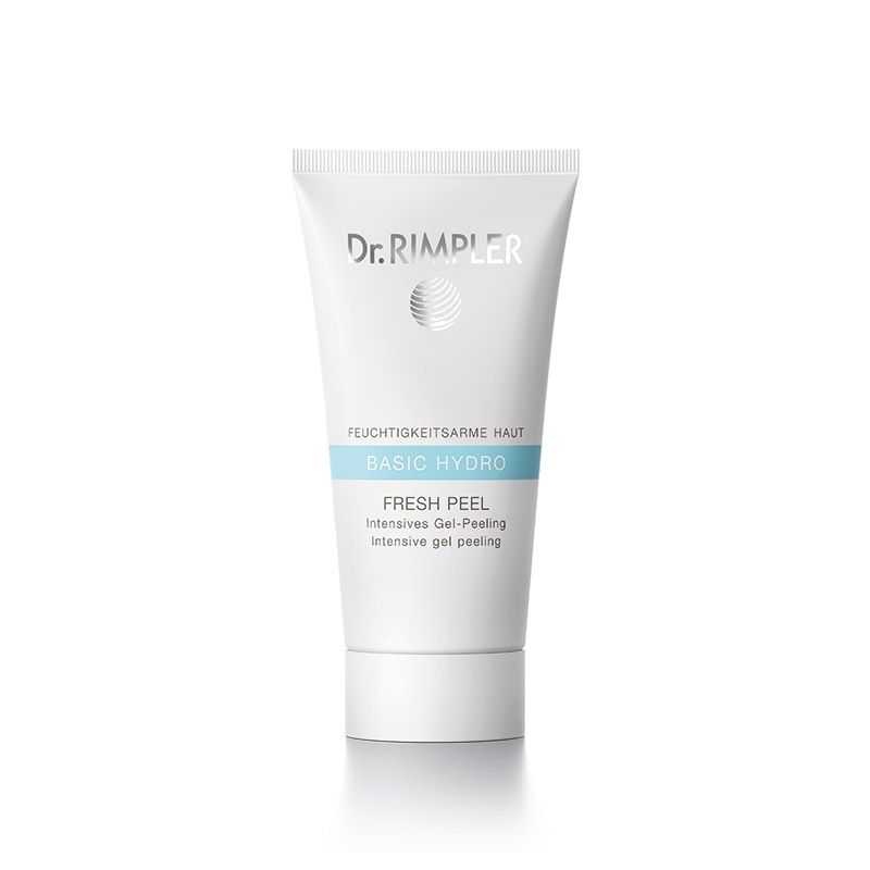 Weiße Tube mit Produktbeschriftung. Auf der Tube steht "Dr. Rimpler Basic Hydro Fresh Peel".