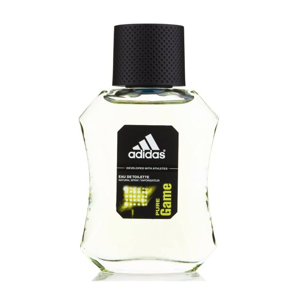 Adidas Pure Game Eau de Toilette Flakon. Schwarzer Deckel, Logo auf schwarzem Etikett. Klarer Flakon mit gelblicher Flüssigkeit.
