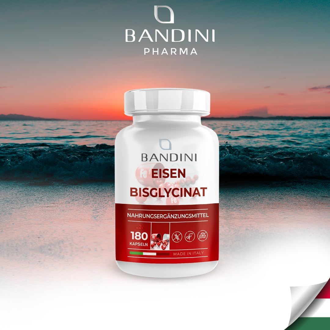 Bandini Eisen-Bisglycinat Kapsel. Weiße Flasche mit roter Beschriftung. Text: Nahrungsergänzungsmittel. 180 Kapseln. Made in Italy.