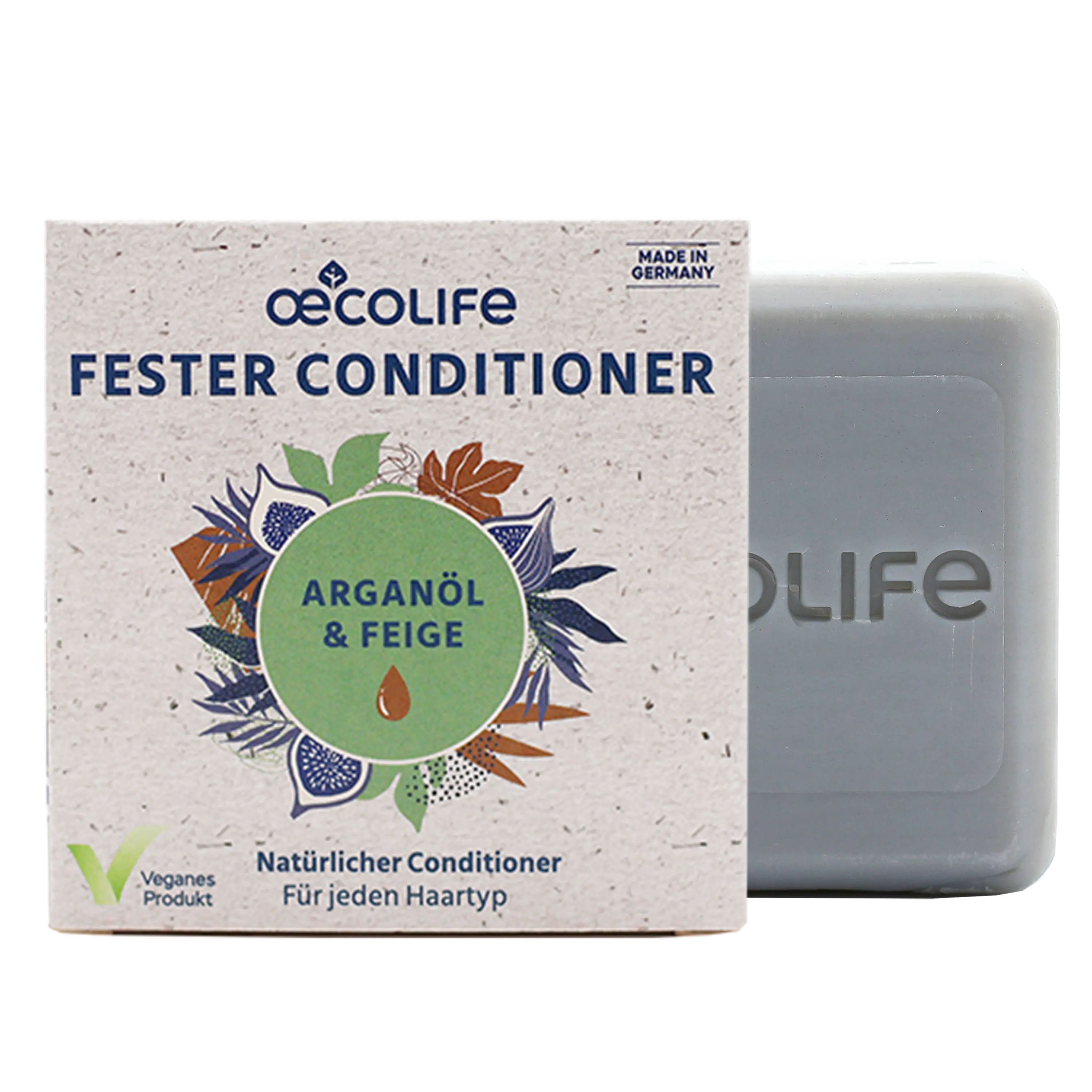 Conditioner-Verpackung mit Produkt daneben. Aufschrift: oecolife Fester Conditioner Arganöl & Feige. Veganes Produkt. Hergestellt in Deutschland.