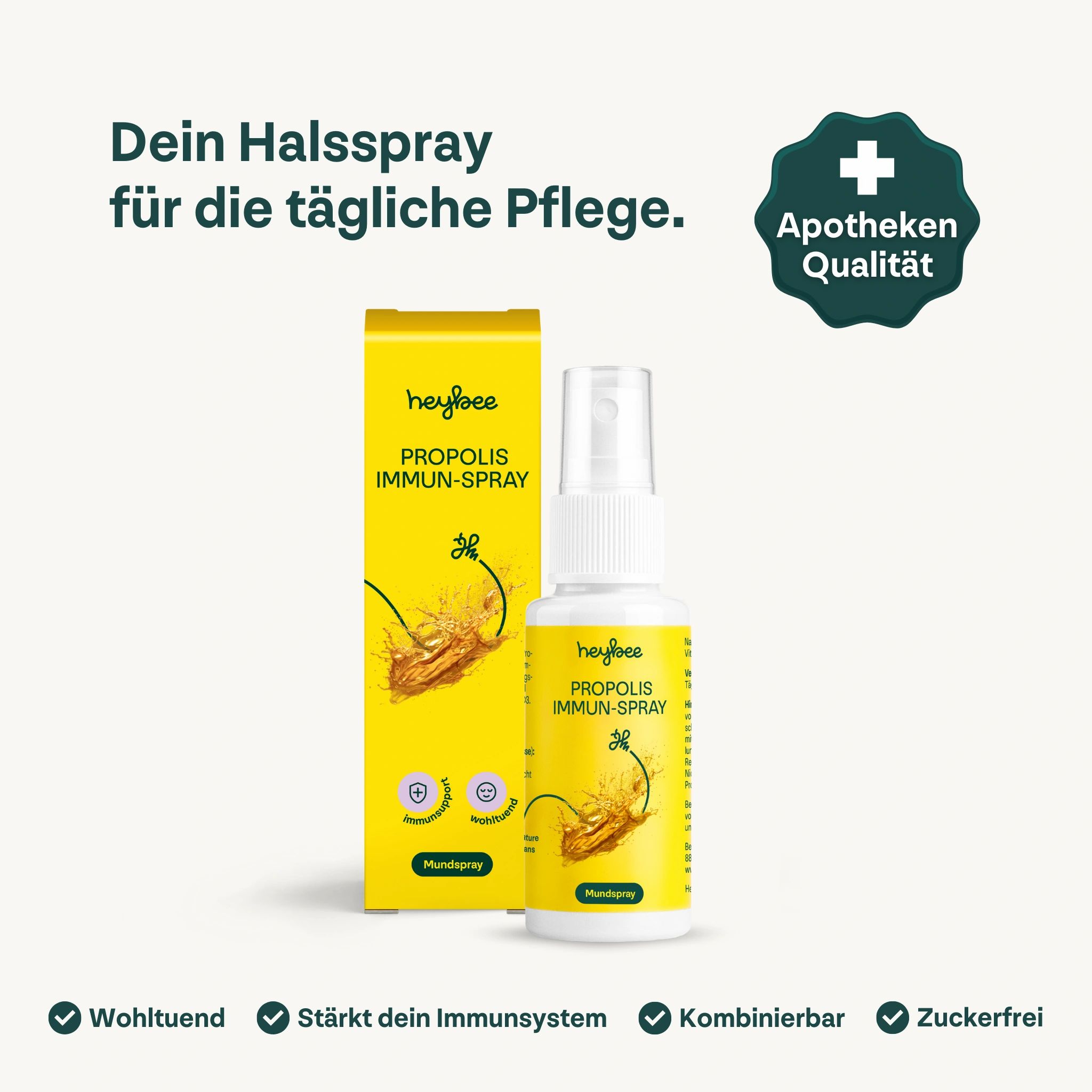 Gelbe Schachtel und Flasche Heybee Propolis Immun-Spray. Apotheken Qualität. Schriftzug: Propolis Immun-Spray, Mundspray. Vorteile: wohltuend, stärkt Immunsystem, kombinierbar, zuckerfrei.