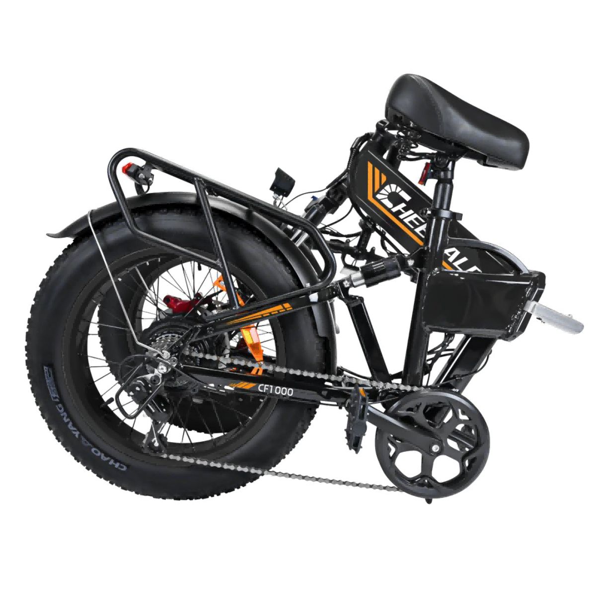 Gefaltetes schwarzes Elektrofahrrad mit breiten Reifen und dem Schriftzug CHEEVALRY.