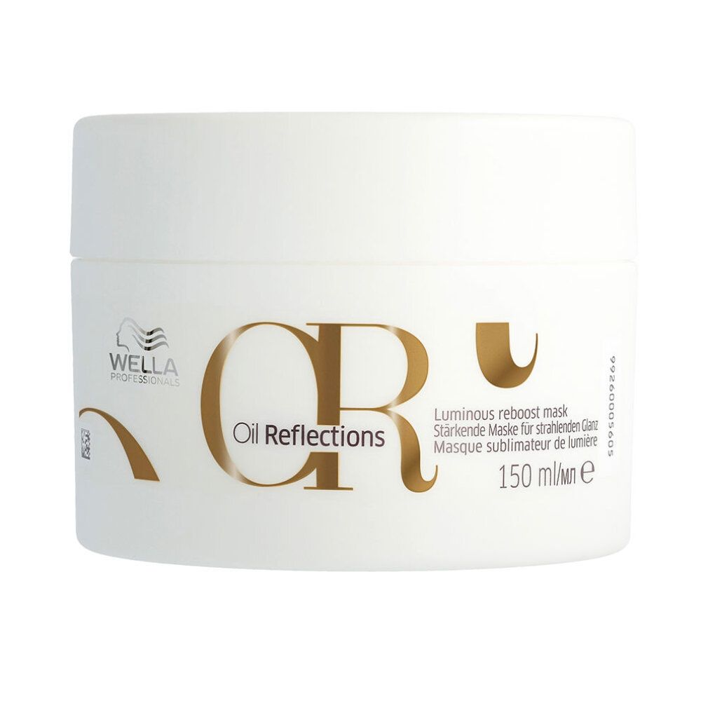 Weiße Dose mit goldfarbenem Schriftzug "CR Oil Reflections". Text: "Luminous reboost mask", "150 ml". Marke: Wella.