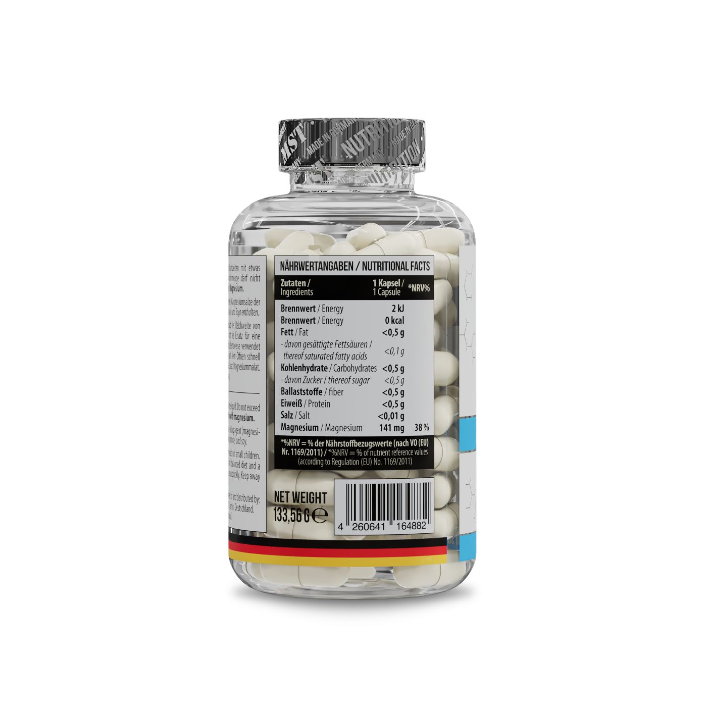 Klare Flasche mit weißen Kapseln. Aufkleber mit Nährwertangaben und Inhaltsstoffen. Schwarzer Deckel mit MST-Logo. Hergestellt in Deutschland.