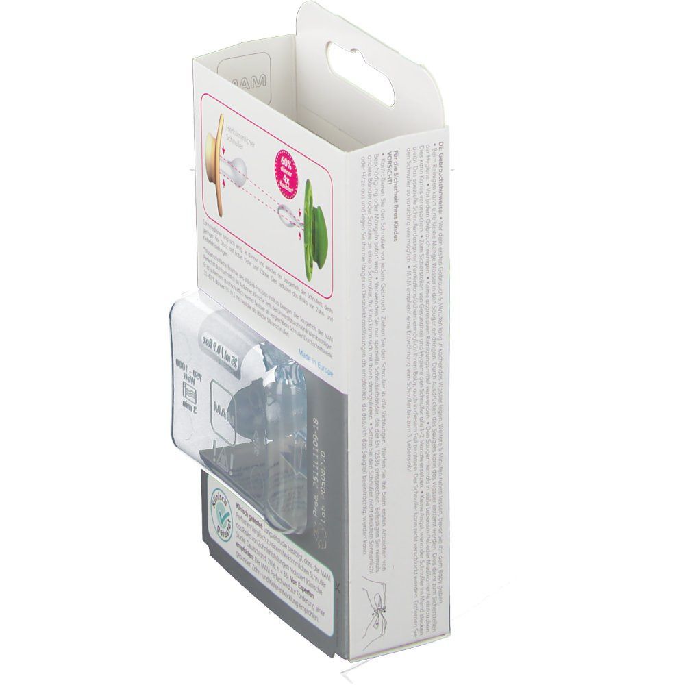 Seitenansicht der Schnuller-Verpackung. Verpackung mit MAM-Logo, Altersempfehlung und Qualitätsmerkmalen. Der Schnuller ist sichtbar.