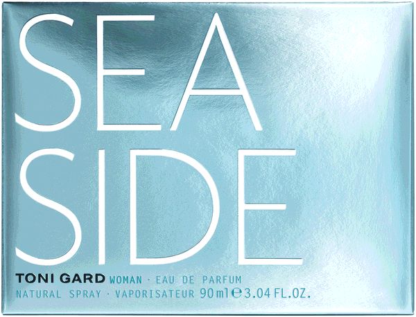 Silberfarbene Verpackung mit Aufschrift SEA SIDE. Darunter TONI GARD WOMAN, Eau de Parfum.