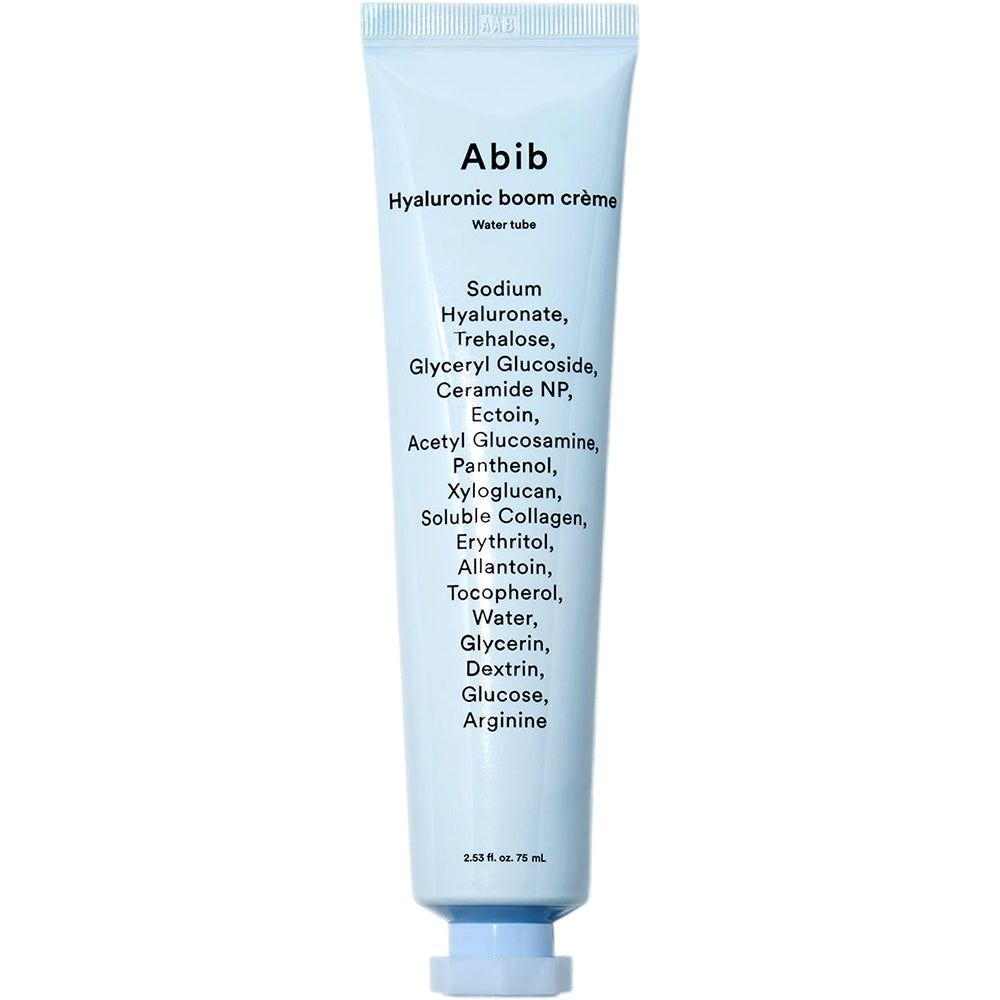 Abib Hyaluronic Boom Crème in einer hellblauen Tube mit Inhaltsstoffliste. 75 ml.