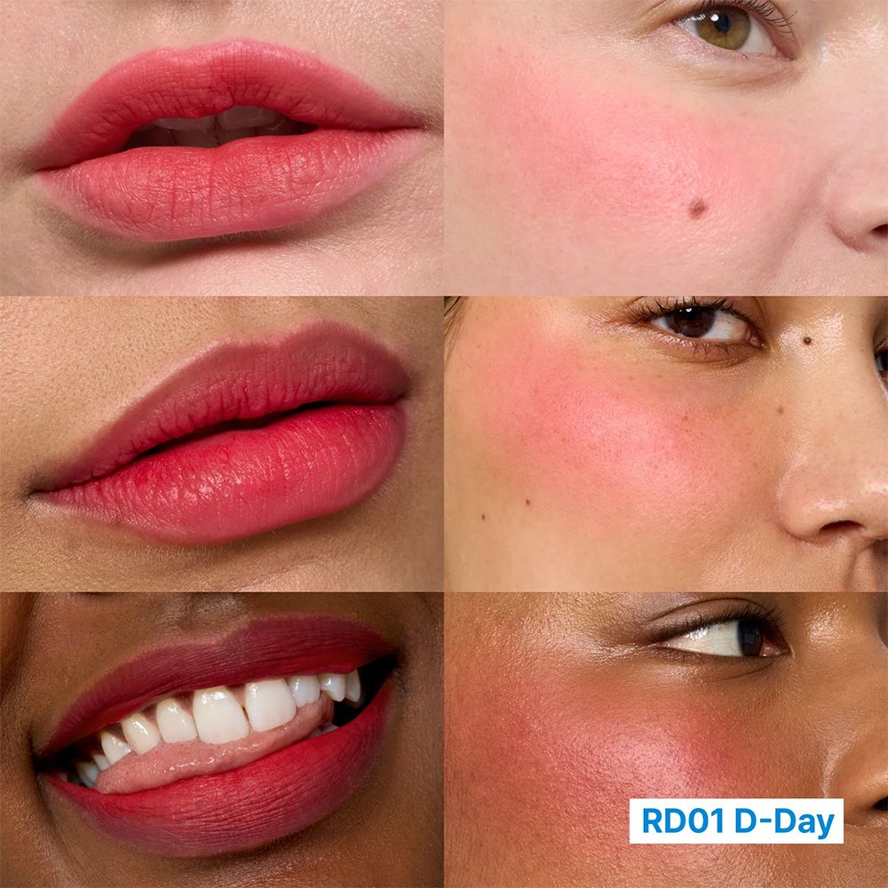 Collage: Lippen und Wangen verschiedener Hauttöne mit rotem Lippenstift und Rouge.