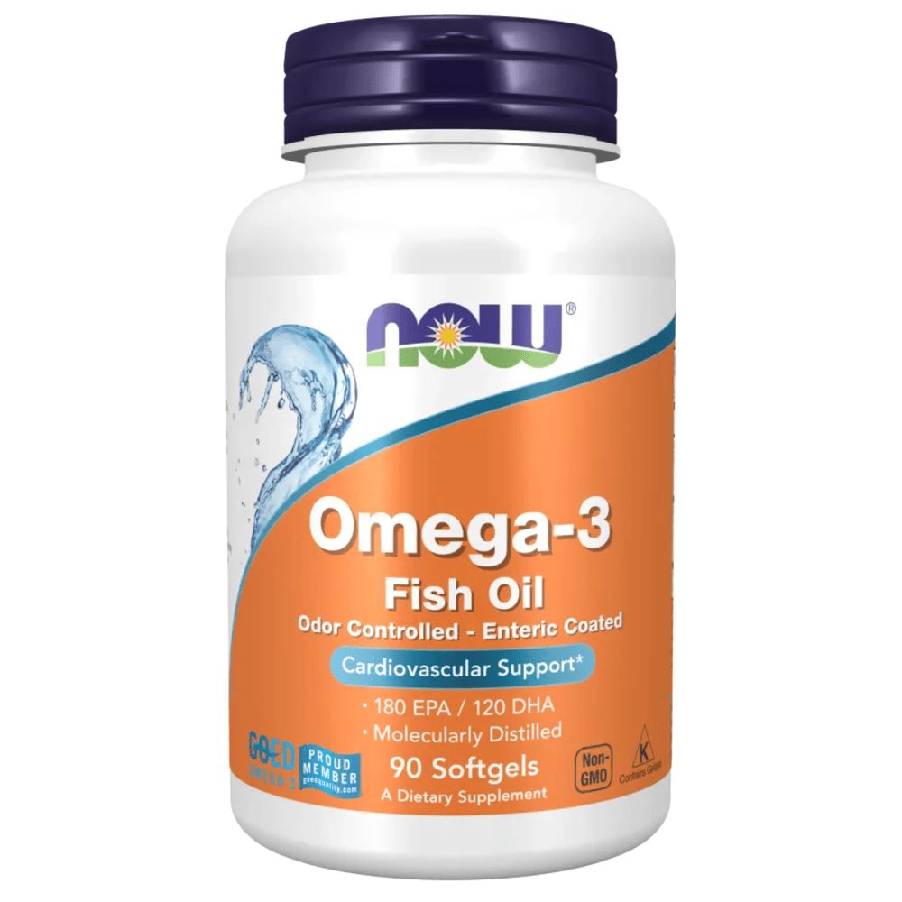 Flacone bianco con tappo blu. Scritta: Omega-3 Olio di pesce. Contiene 90 softgels. Marchio: NOW.
