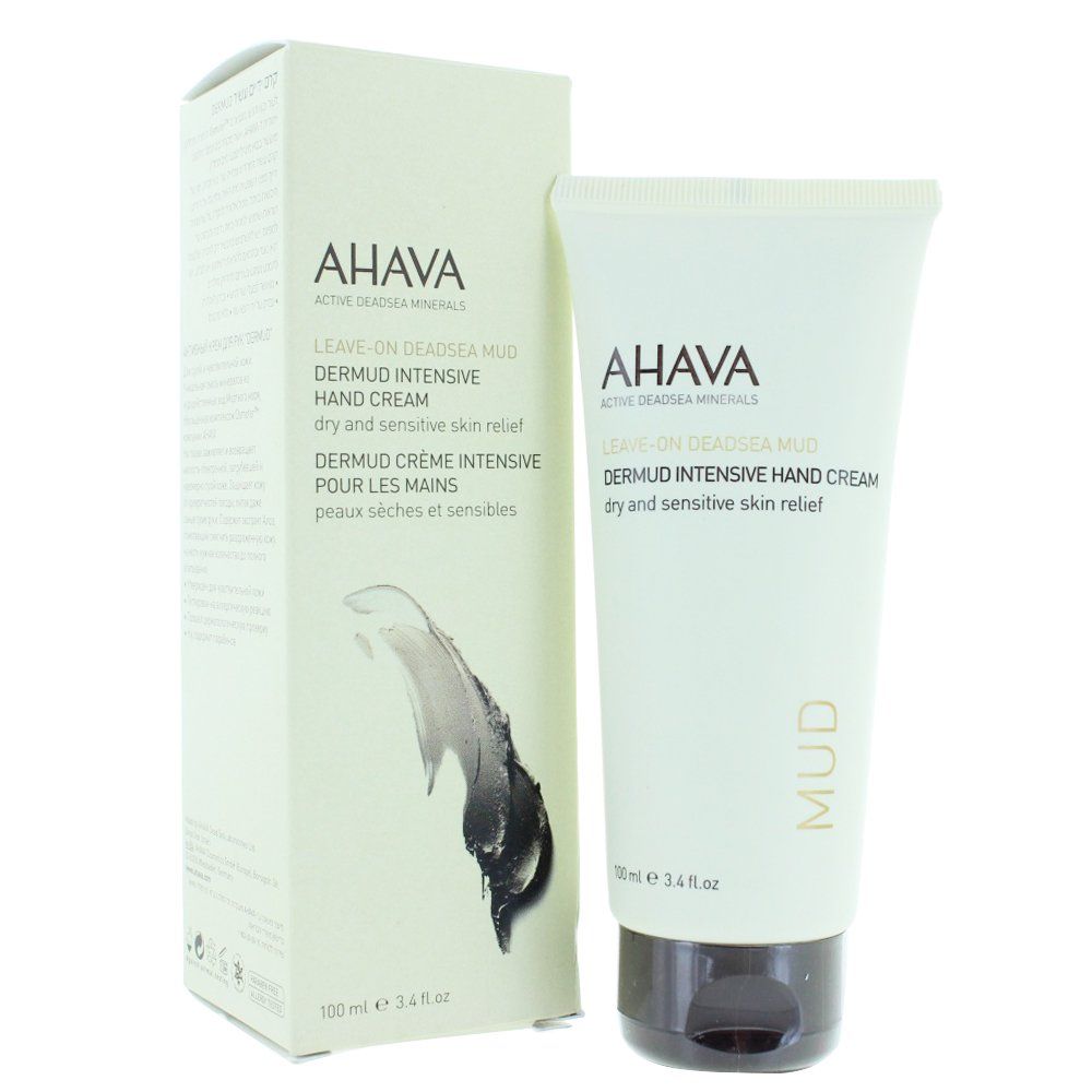 AHAVA Dermud Intensive Hand Cream Tube und Verpackung. Text in Schwarz und Braun auf weißem Hintergrund.