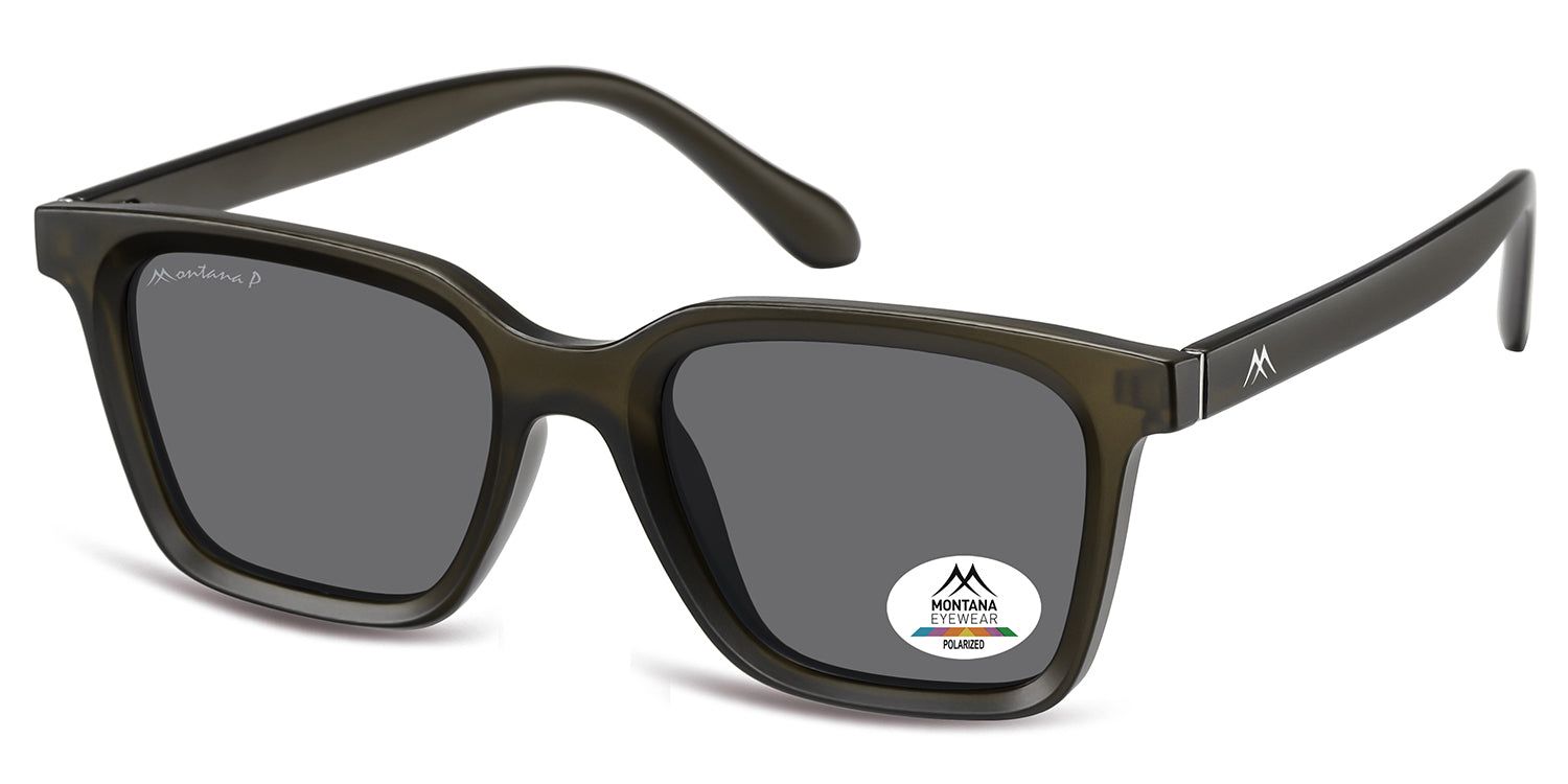 Dunkelgraue Sonnenbrille, seitliche Ansicht. Montana Eyewear Logo auf dem Bügel. Polarisierte Gläser.