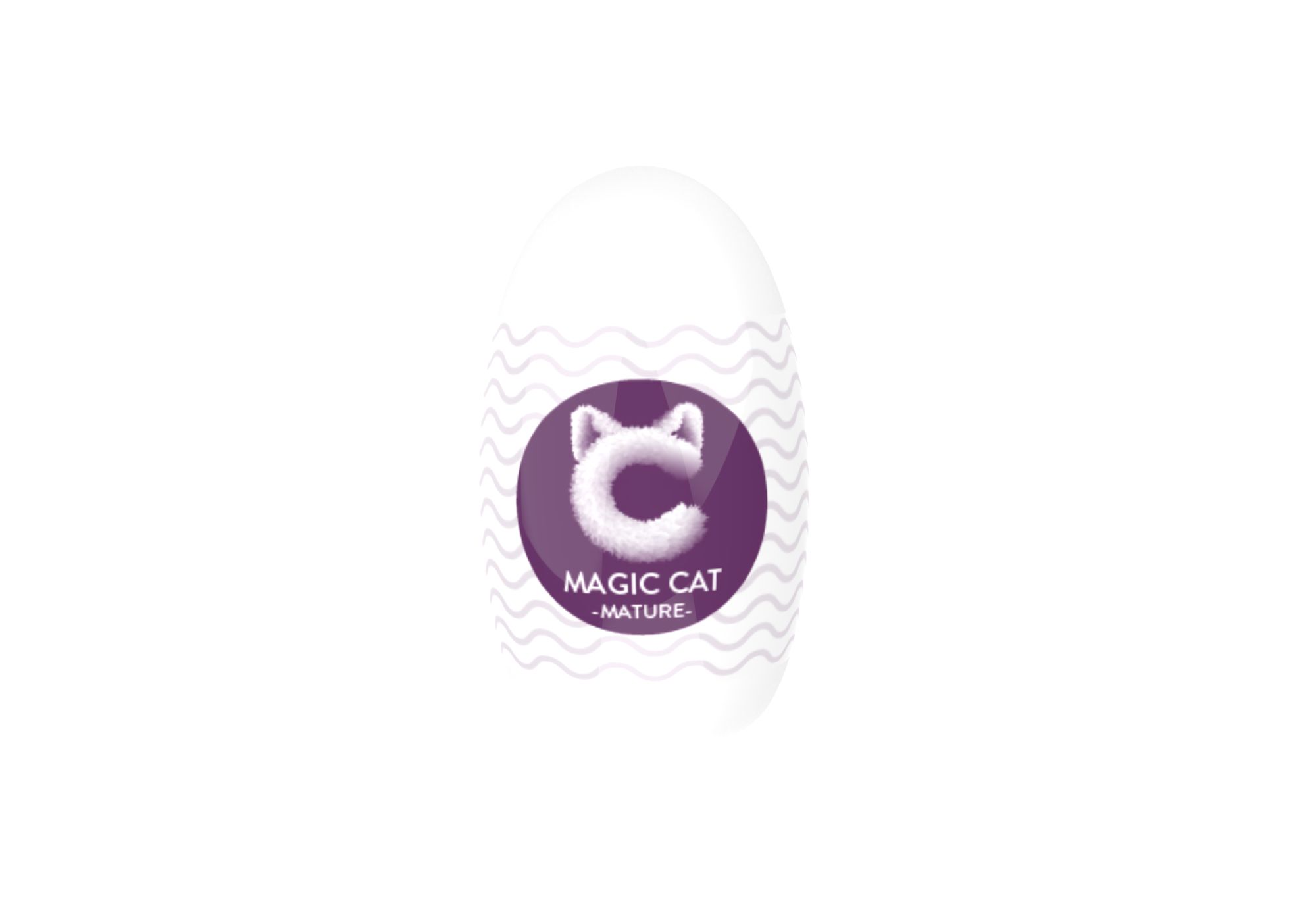 Weißes, ovales Produkt mit violettem Kreis. Auf dem Kreis ist ein Katzenkopf-Logo und der Text "MAGIC CAT -MATURE-" zu sehen.