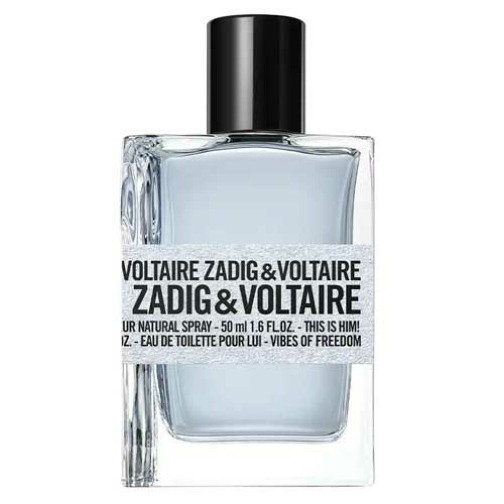 Zadig & Voltaire Eau de Toilette Flakon. Klares, quadratisches Flakon mit schwarzem Verschluss. Aufkleber mit Text.