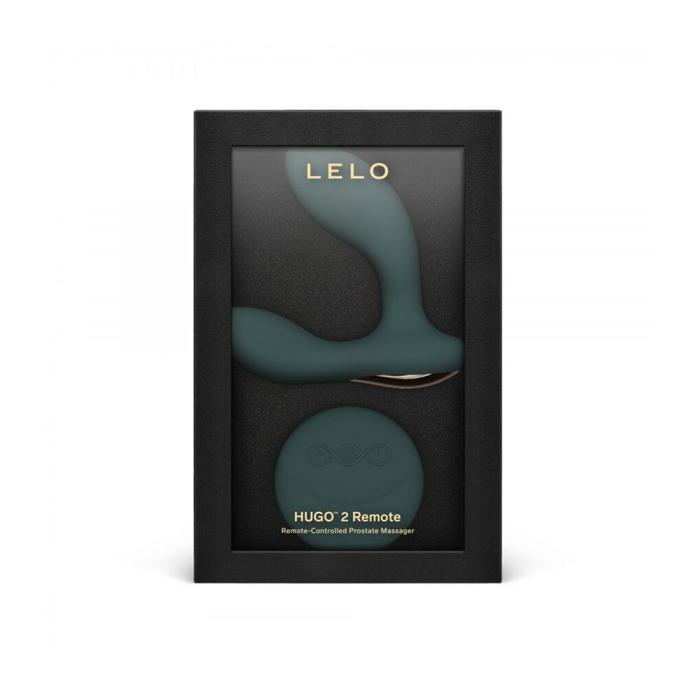Verpackung mit LELO-Logo. Produkt: Hugo 2 Remote. Schwarzer Rahmen, grünes Produkt sichtbar.