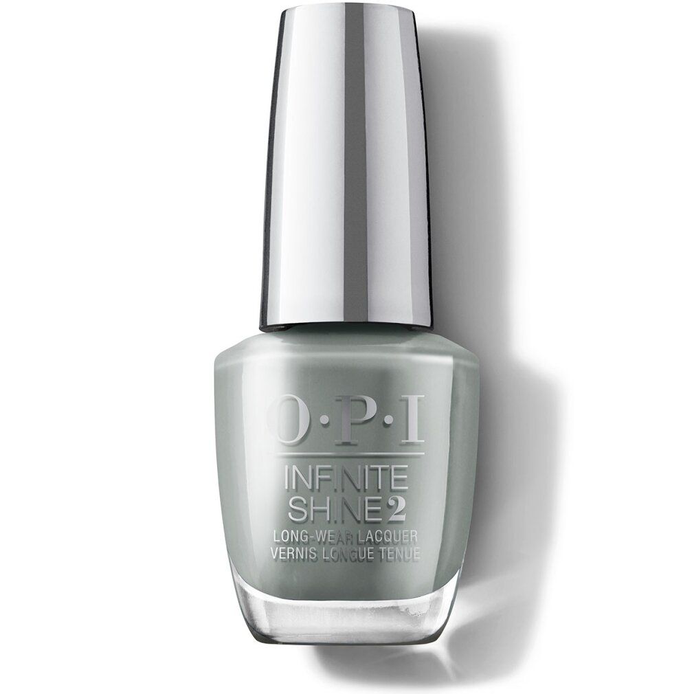 Nagellackflasche mit silbernem Deckel. Aufschrift: O.P.I Infinite Shine 2. Farbe: Grau-Grün. Lang anhaltender Nagellack.