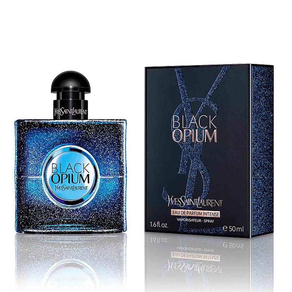 Dunkelblauer Flakon und Verpackung. Aufschrift: Black Opium, Yves Saint Laurent. E.d.P. Nat. Spray.