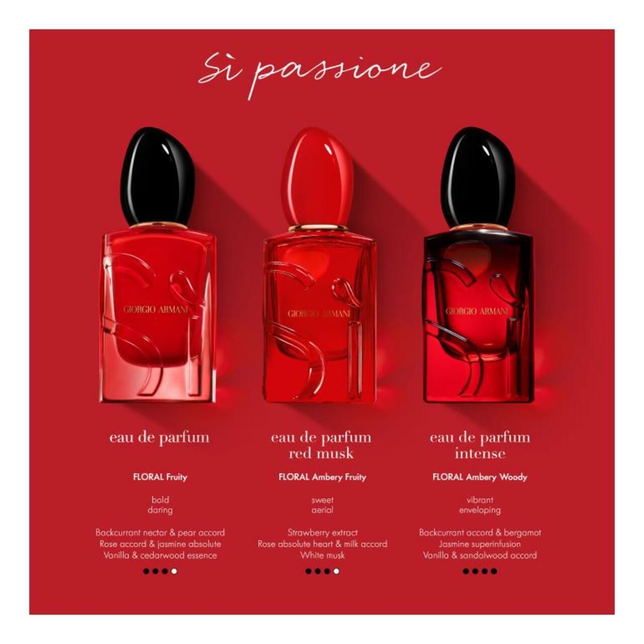 Drei Flakons: rot, rot-rosa, dunkelrot. Schwarze Deckel. Text: Sì Passione, Eau de Parfum. Floral Fruity, Red Musk, Intense.