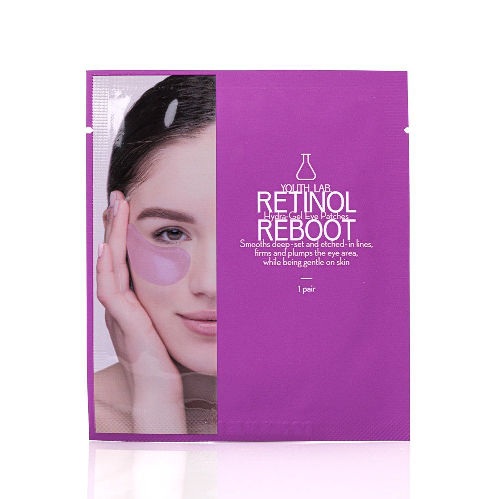 Violette Einzelverpackung mit Augenpflastern. Aufdruck: YOUTH LAB RETINOL REBOOT. Abbildung einer Frau mit Augenpflastern.