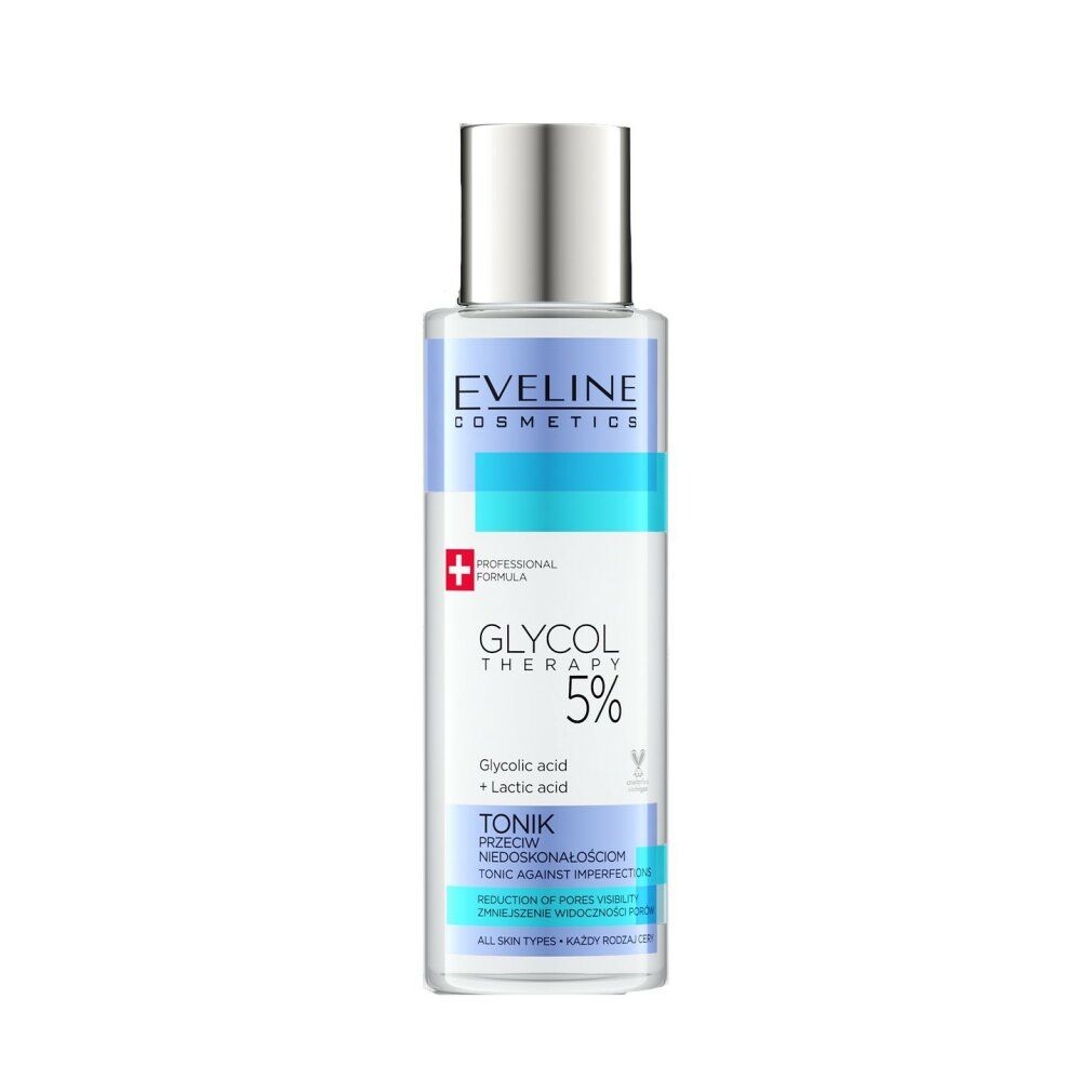 Eveline Glykol Therapie 5% Tonic. Flasche mit silbernem Deckel. Aufschrift: Glykol Therapie 5%, Tonik gegen Unvollkommenheiten.