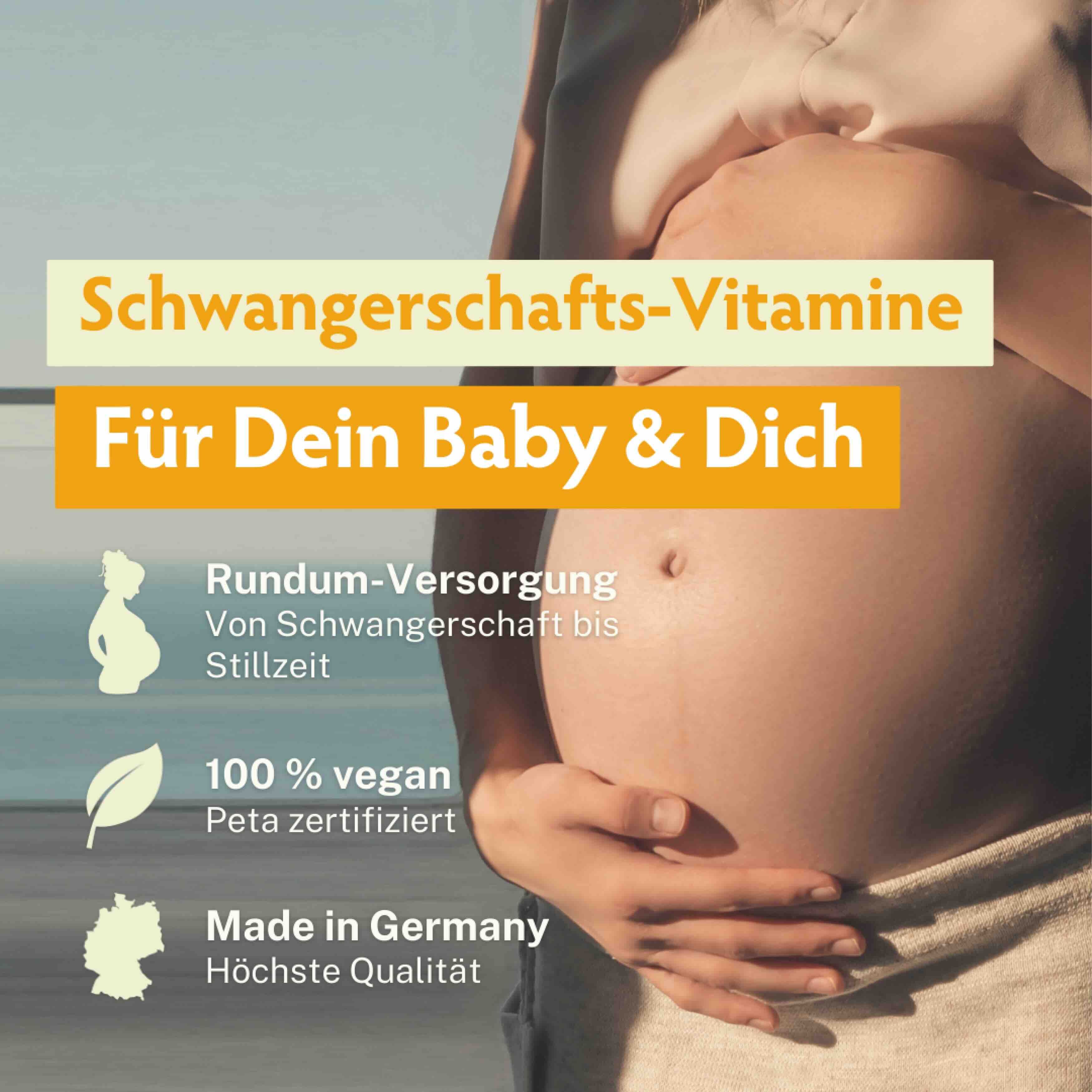 Schwangere Frau. Text: Schwangerschafts-Vitamine. Für Dein Baby & Dich. 100% vegan, Peta zertifiziert, Made in Germany.