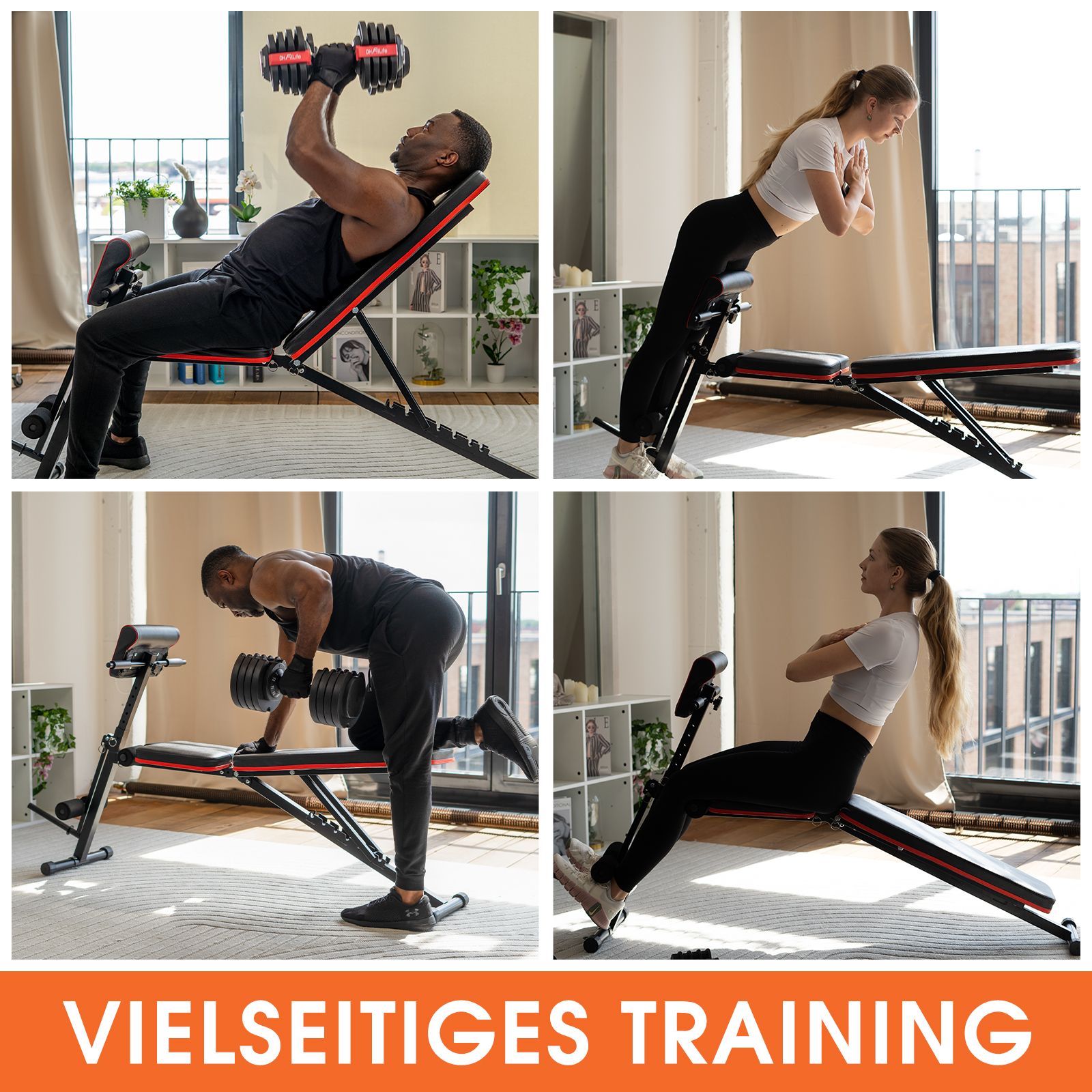 Vier Trainingsbeispiele auf Hantelbank. Schwarze Hantelbank mit roten Akzenten. Text: Vielseitiges Training.
