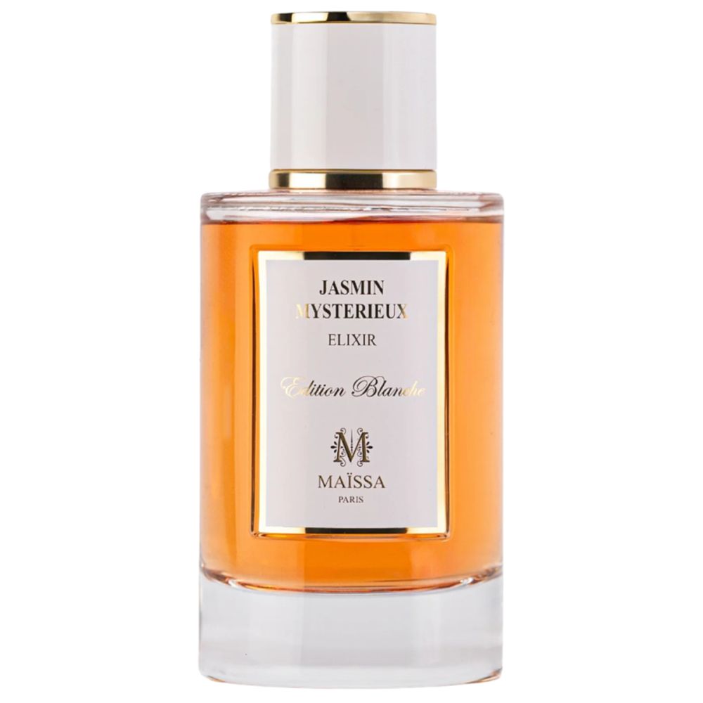 Parfümflakon mit weißem Deckel und goldener Verzierung. Auf dem Etikett steht "Jasmin Mysterieux Elixir Edition Blanche" und "Maïssa Paris".