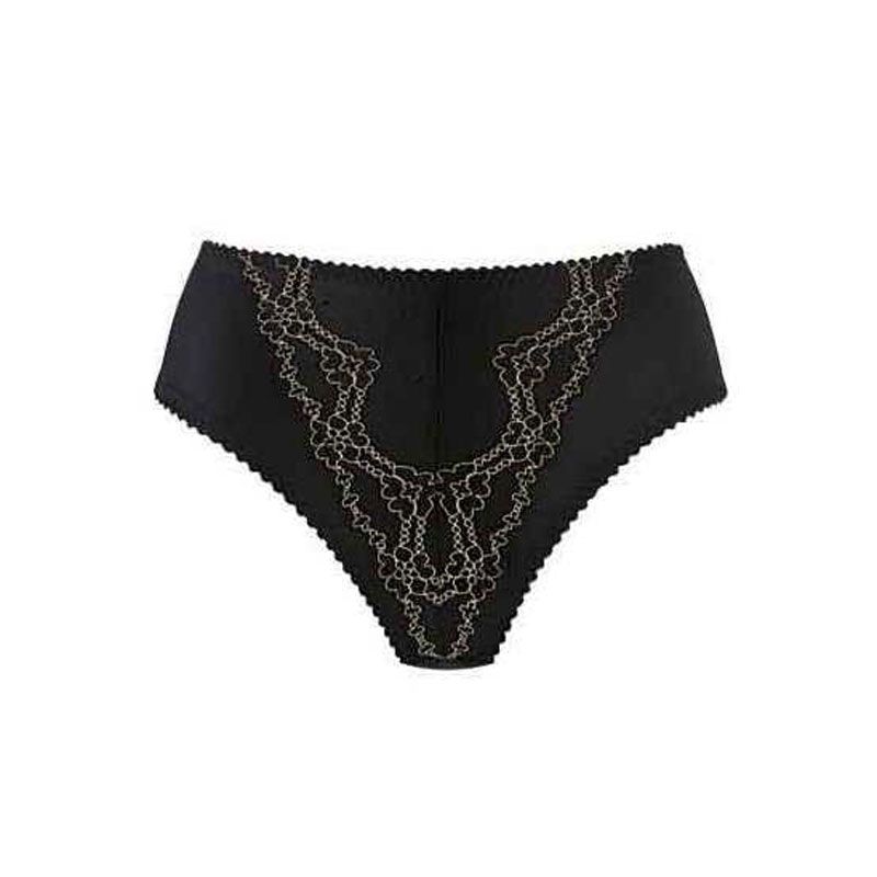 Schwarzer Slip mit floraler Spitze. Hoher Bund, Spitzenverzierung vorne. Wellenförmiger Abschluss.