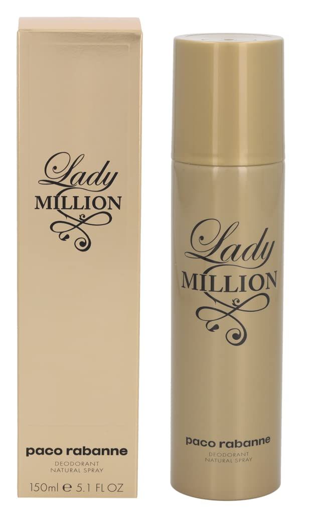 Goldfarbene Deodorant-Spray-Dose und Verpackung. Aufschrift: Lady Million, Paco Rabanne. 150ml.