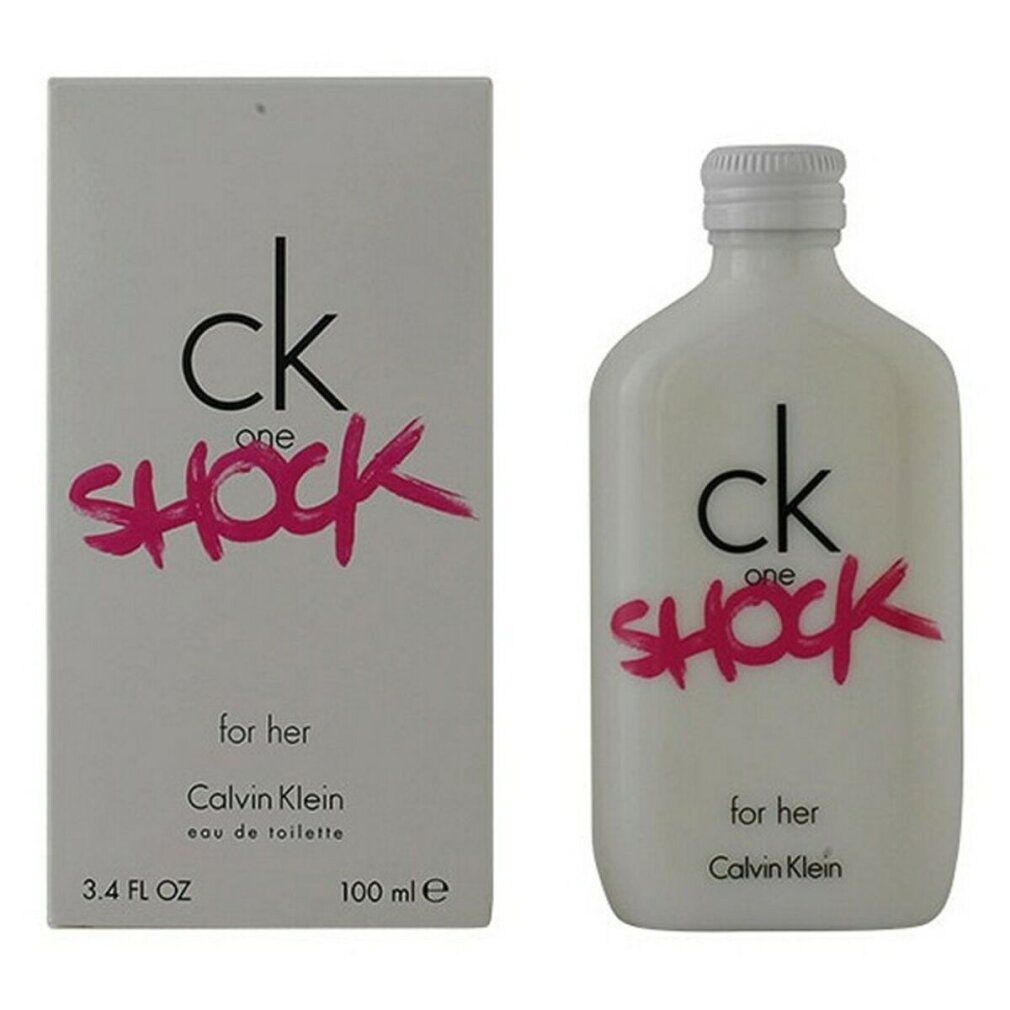 Weiße Flasche und Verpackung mit "ck one SHOCK for her". Flasche mit weißem Verschluss. "Calvin Klein" ist sichtbar.