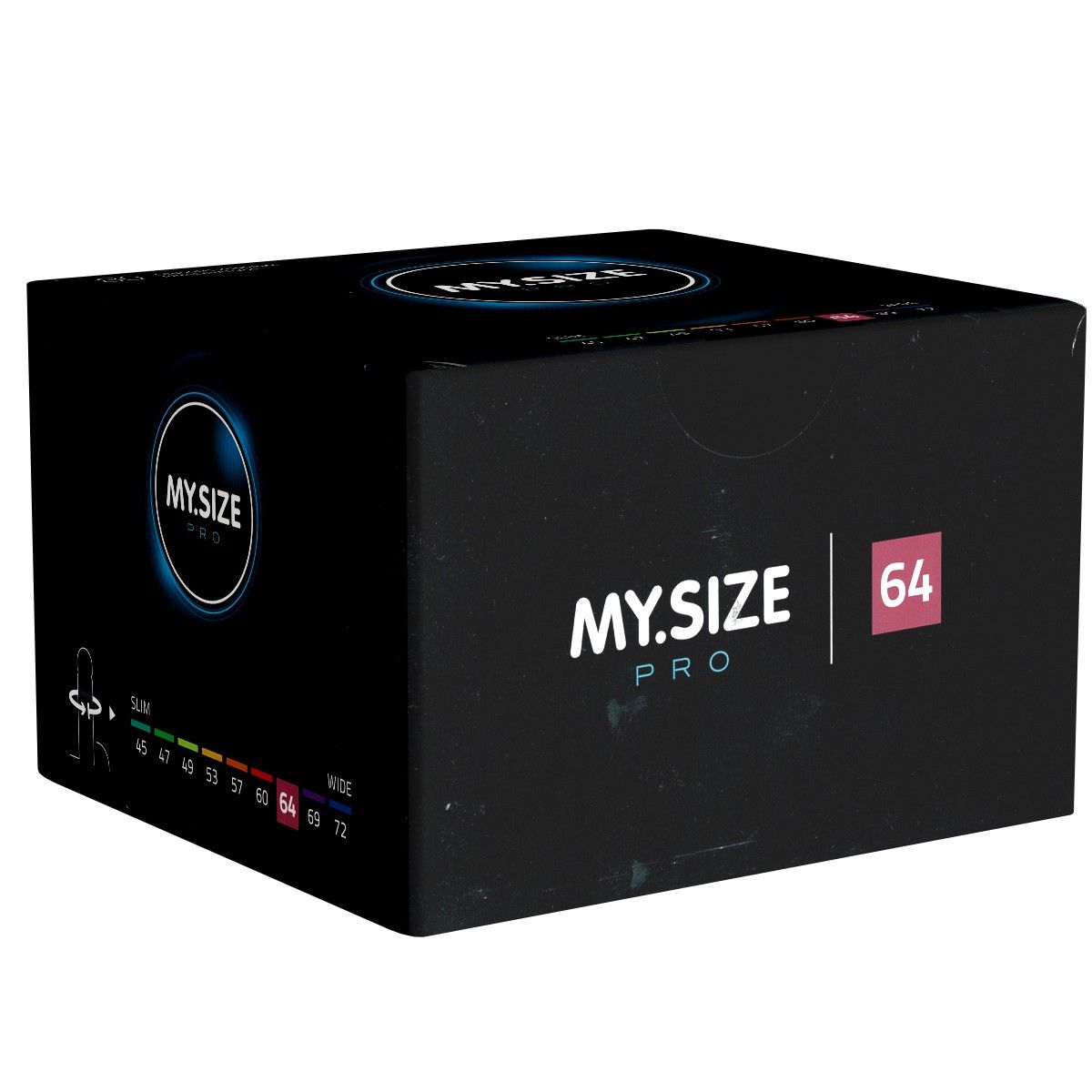 Schwarze Schachtel mit MY.SIZE PRO Logo. Größe 64 hervorgehoben. Größenangaben: 45-72.