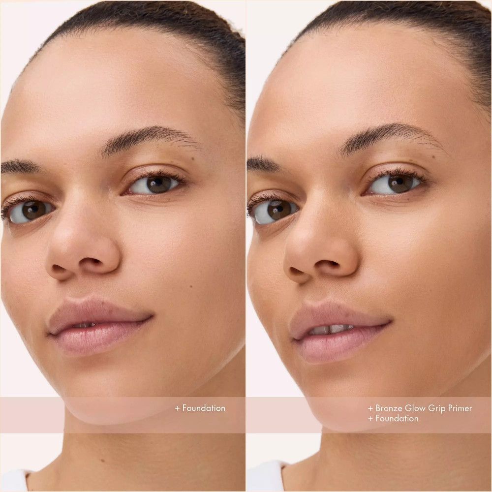 Vergleich: Gesicht mit Foundation und Gesicht mit Foundation + Bronze Glow Grip Primer. Text: Foundation, Bronze Glow Grip Primer + Foundation.