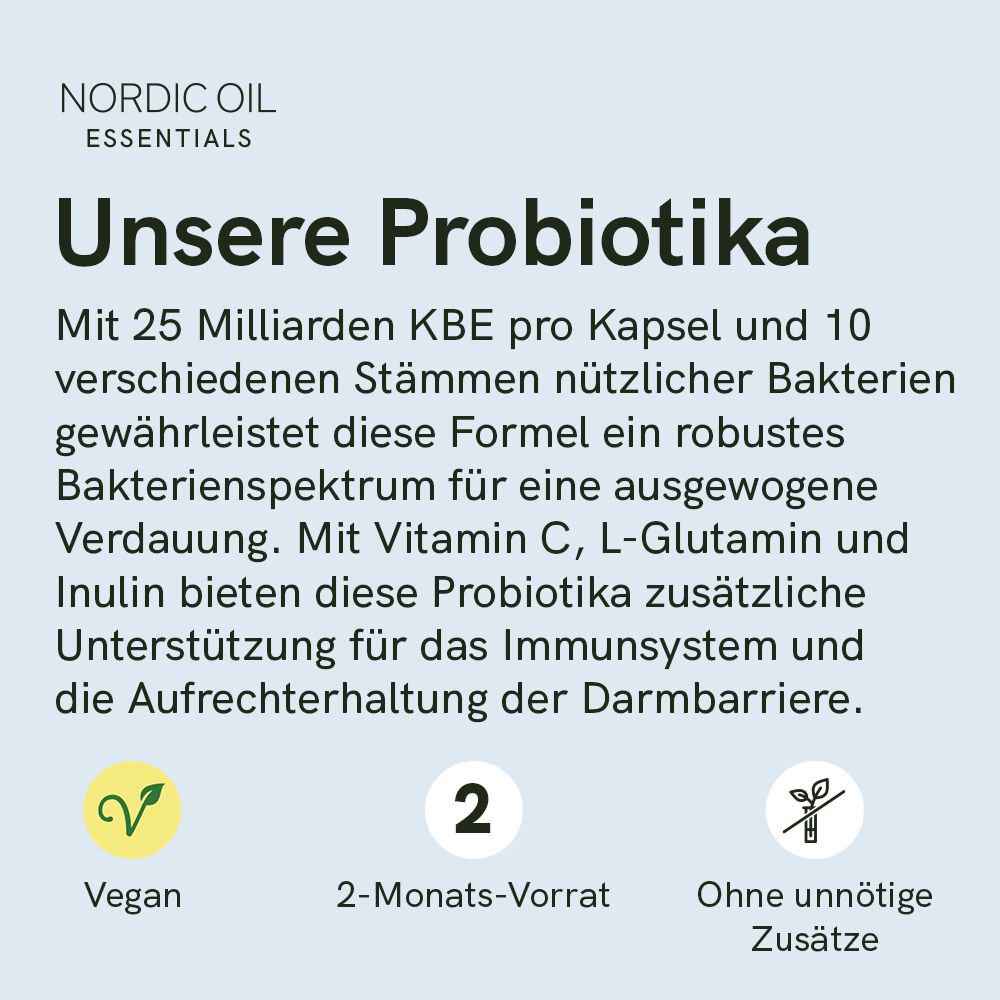 Text auf blauem Hintergrund: Unsere Probiotika. 25 Milliarden KBE pro Kapsel, 10 Bakterienstämme. Vegan, 2-Monats-Vorrat, ohne Zusätze.